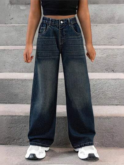 Vintage Washed Loose Fit Casual Denim Jeans For Tween Girls Comfortable Relaxed Vacation School Style Recommended! Soft Dark Washed Blue Denim Effect, Elastic Waistband + High-Waisted Design, Perfectly Fits Girls' Figure And Creates Fashionable Long Legs Look. Suitable For Daily Outings, Campus Casual, Back To School, Vacation Strolling And More, Transforming Into A Street Style Enthusiast!