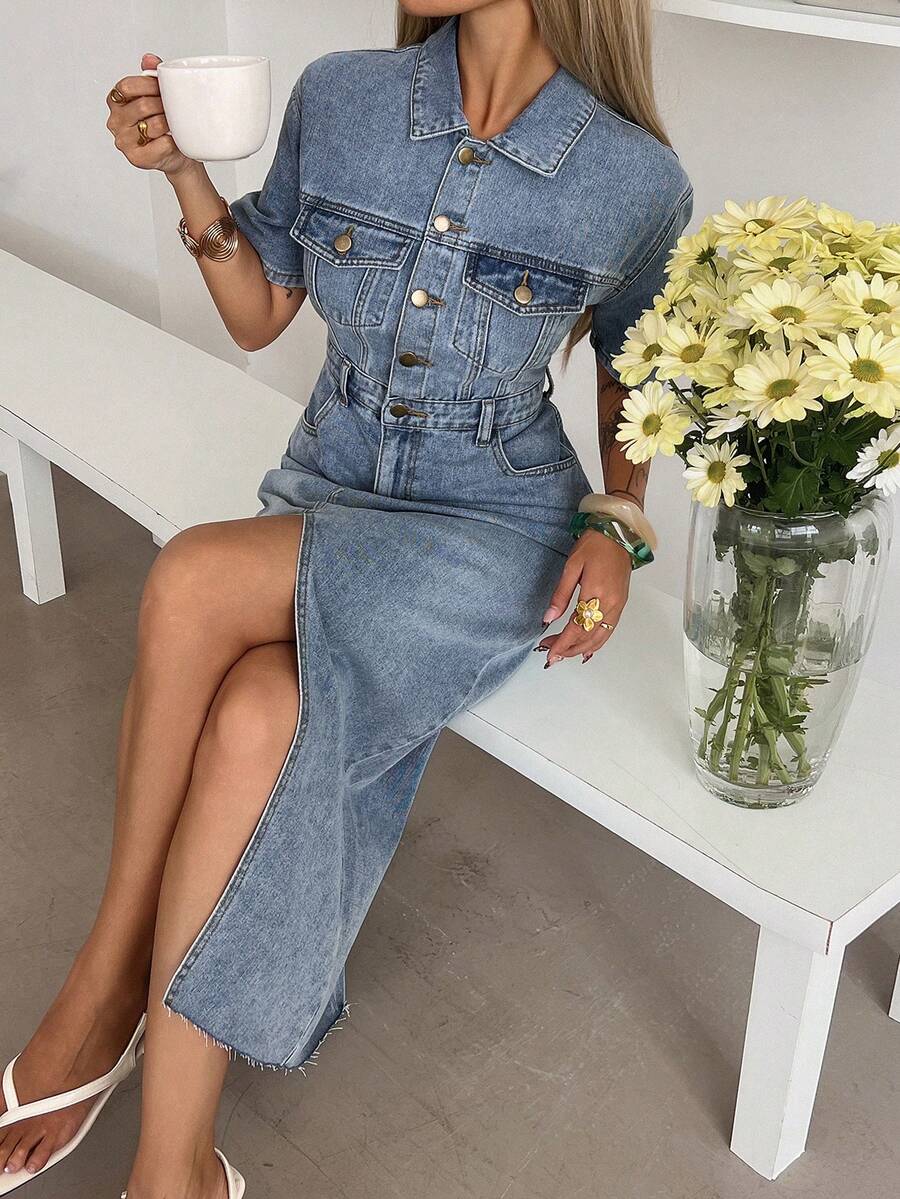 DAZY 女士休闲水洗牛仔连衣裙，带假口袋和开衩，夏季 - 中等水洗藍 - 查看 1