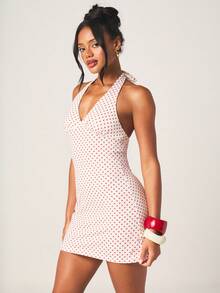 MISSGUIDED 复古波点露背迷你连衣裙，V领设计，后背系带，适合夏季派对场合 - 紅白色 - 查看 5