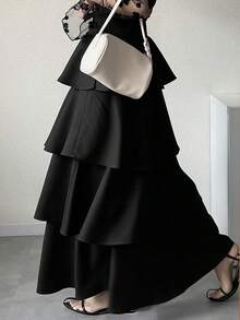 FRIFUL 女士休闲褶皱荷叶边长款喇叭裙，百搭纯色，适合春夏穿着 - 黑色 - 查看 7