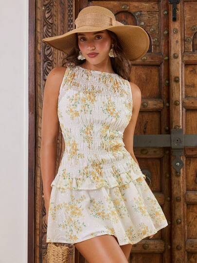 Enchnt Spring/Summer Romantic Women's White&Yellow Floral Embroidered Fitted Sleeveless Ruffle Hem Mini Dress,Sweet&Elegant For Vacation&Date&Holiday&Going Out,Spring Outfit Women