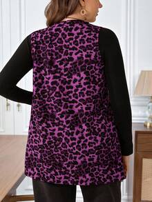 Miaspire Plus Size Women's Fall/Early Spring Casual Fashion Vacation Leopard Print Pocket Open Front Sleeveless Coat With Pocket, Casual For Early Spring, Simple And Fashionable For Everyday Wear, Going Outs, 2026 New, Simple And Fashionable For Everyday Wear, Spring For Women, Sleeveless Cardigan, Vacations Women, Holidays For Women, Spring Women, Spring/Summer/Vacation, Commute, Daily Wear - Purple - View 2