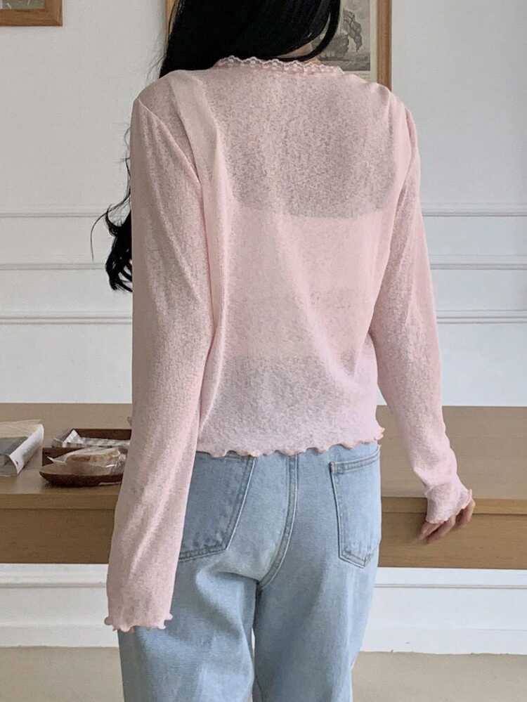 Women's Lace Trim Bow Tie Sheer Thin T-Shirt Summer