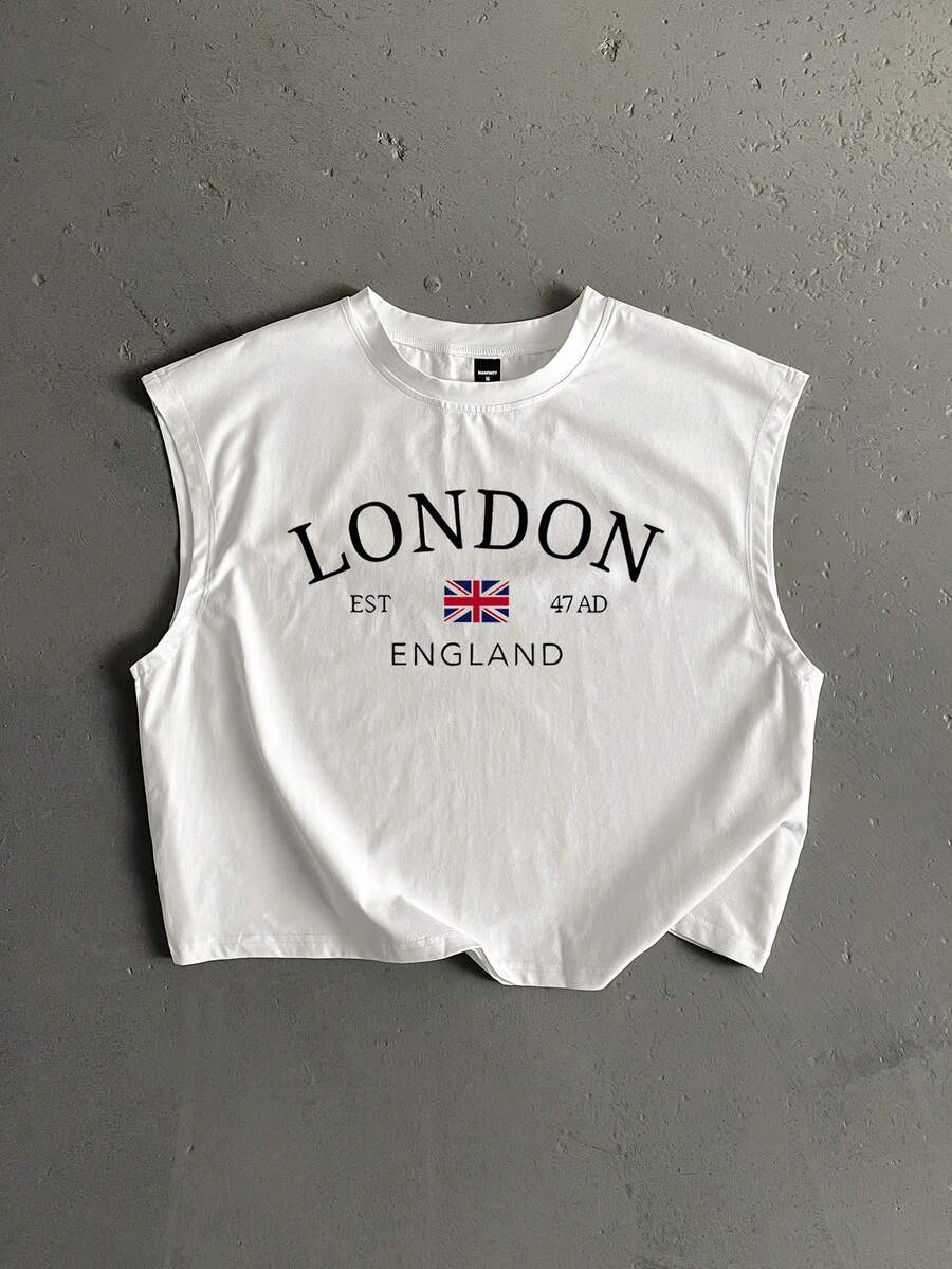StoneGrade London England Flag Letter Graphic Print Cropped Loose Fit Tank Top, Fashionable Casual Tank Top For Men, Suitable For Dating, Party, Couple Gift For Boyfriend - White - View 1