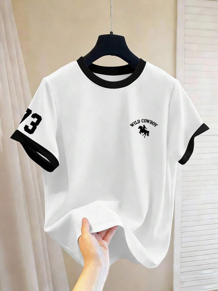 Chillumni 男女皆宜的经典黑白西部牛仔马匹图案+73号圆领T恤，百搭复古休闲简约圆领上衣 - 彩色 - 查看 1