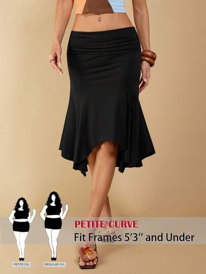 SHEIN PETITE CURVE 大码优雅纯色不对称下摆半身裙，夏季