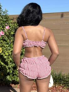 Alexandranx 两件套女士格子荷叶边露脐吊带背心和短裤套装 - 白色 - 查看 2