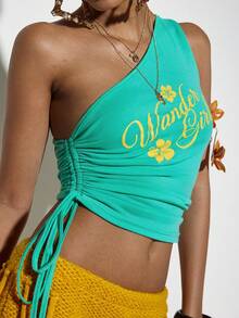 Coolane Blusas de tirantes asimétricos verdes con estampados gráficos, elásticas y con cordón, estilo chic Y2K para vacaciones, para mujer en primavera/verano - verde menta - Ver 4