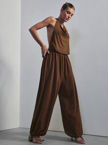 Hauture Đầm maxi nữ xếp ly cổ yếm, vạt phồng, lưng hở, kiểu dáng gợi cảm, thích hợp mặc đi làm. - màu nâu - Xem 4