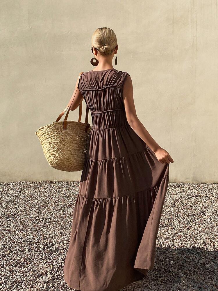 Lace-Up V-Neck Sleeveless Solid Color Midi Dress For Women