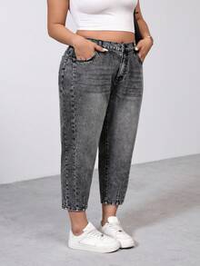 SHEIN PETITE CURVE 春夏大码女式通勤休闲舒适深灰色水洗舒适牛仔面料高腰口袋宽松锥形黑色牛仔裤 - 灰色 - 查看 7