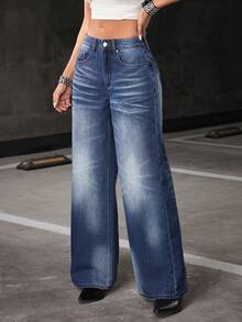 Flirla Women's Pocket Button Casual Versatile Daily Wear Wide Leg Jeans - Blue - View 3