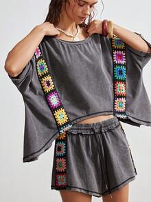 Bohemela 2pcs/Set Women Casual Solid Color Knit Patchwork Ribbon Round Neck Loose Short Sleeve T-Shirt & Shorts - Black - View 3