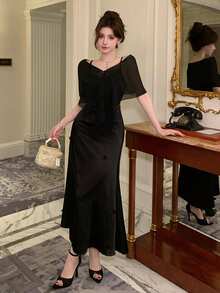 Women's Satin Dress, Elegant Long Dress Sundress - Black - View 2