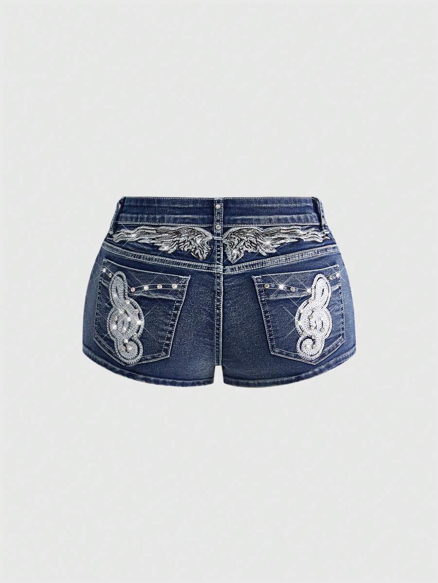 ROMWE Quần short denim nữ cạp thấp siêu ngắn thêu họa tiết nốt nhạc phong cách Y2K. - Rửa tối - Xem 1