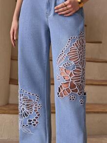 Selenza 女士花卉镂空刺绣高腰口袋阔腿宽松牛仔裤 - 藍色 - 查看 5