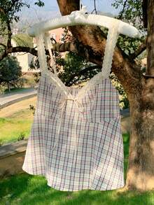 Comfortcana Plaid Cinched Waist Bow Ruffle Strap Y2K Cute Casual Preppy Daily Wear - Multicolor - View 5