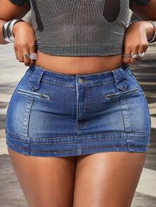 Slaydiva 夏季新款拉链装饰紧身牛仔迷你裙 - 藍色 - 查看 1