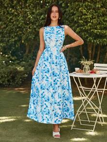 KARISMINA Đầm nữ thanh lịch, lãng mạn, họa tiết hoa màu xanh dương, thích hợp cho mùa xuân/hè. - Màu xanh nhạt - Xem 6