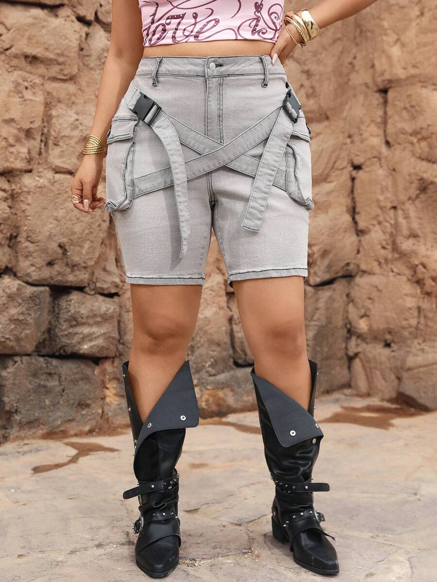 SHEIN SXY 大码女式弹力牛仔工装短裤，修身弹力牛仔短裤 - 淺灰色 - 查看 1