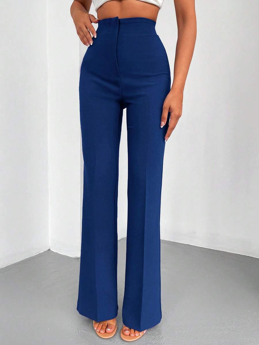 EURMUSE Solid Color High Waist Bell-Bottom Trousers Suit Pants - Navy Blue - View 1