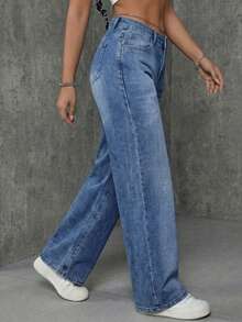 SHEIN ICON Women's Casual Washed Loose Straight Leg Jeans Going Out Light Blue Summer - Dark Wash - View 4