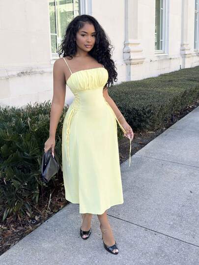 Alexandranx Solid Ruched Bust Lace Up Side Formal Cami Long Dress,Pastel Dresses For Women