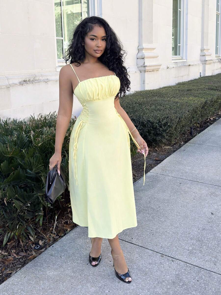 Alexandranx Women Dresses Lace Up Zip Ruched Bust Plain Casual - Kuning - View 1