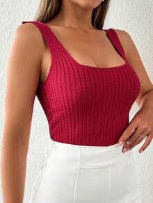 Solid Cable Knit Tank Top - Burgundy - View 5