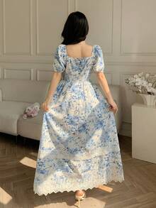 Celisse Đầm dài thanh lịch màu xanh dương phối ren hoa dành cho nữ - Màu xanh lam - Xem 2