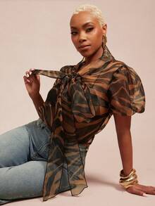 Vixey Animal Print Sheer Organza Puff Short Sleeve Bow Top - Multicolor - View 2