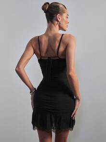 Hauture 女士性感低腰弹力连衣裙，蕾丝细节，性感职业装 - 黑色 - 查看 6