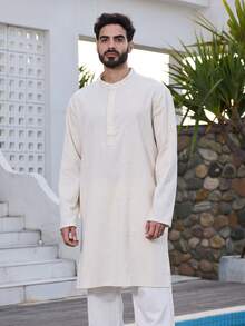 DAZY Mid-Length Apricot Side Slit Design Long Sleeve Men's Shirt, Summer - Multicolor - View 3