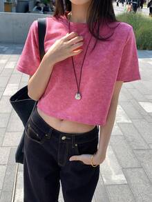 Strévra Women's Round Neck Striped Cropped Loose Short Sleeve Tie-Dye T-Shirt Summer - Pink - View 2