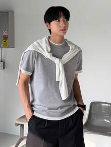 DAZY 男士修身灰色短袖针织上衣，夏季 - 杏色 - 查看 4