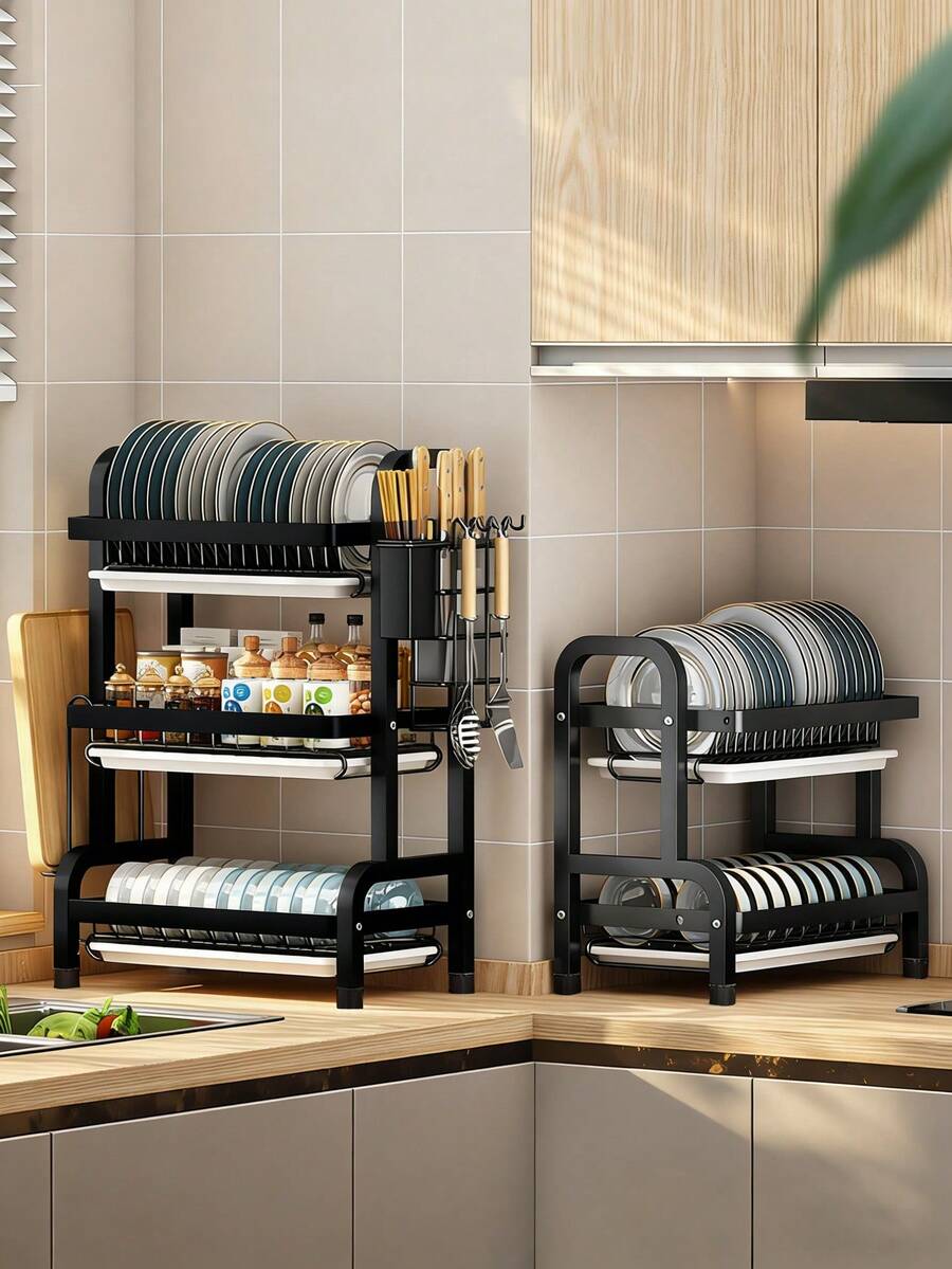 1 chiếc kệ đựng đồ nhà bếp 3 tầng lớn với chức năng thoát nước nhanh, giá đựng dao nĩa, giá để thớt, giá đựng dụng cụ nhà bếp đa năng khô ráo cho bát, đĩa và nhiều vật dụng khác, giá đựng dụng cụ | Kệ kim loại kiểu dáng đẹp | Đồ dùng nhà bếp, dụng cụ sắp xếp và lưu trữ nhà bếp - màu đen - Xem 1