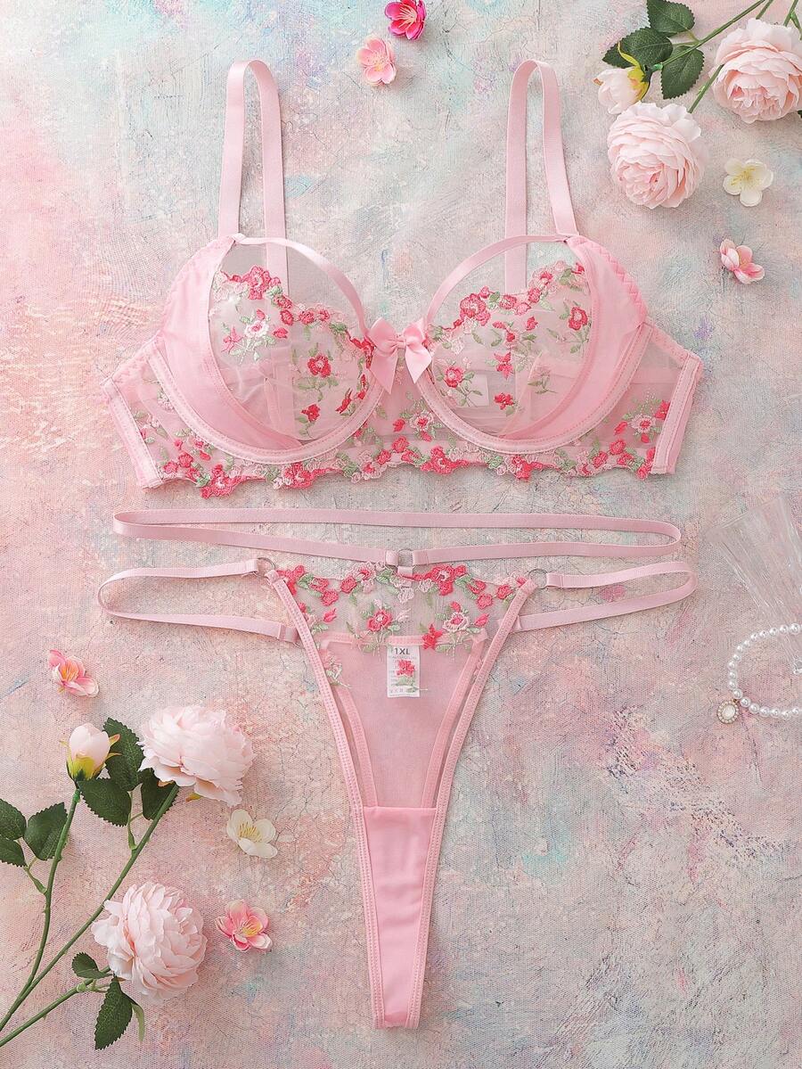 SHEIN 2件套加大码女士花卉刺绣网纱蝴蝶结装饰内衣套装 - 粉色 - 查看 1