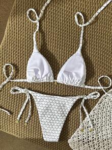 Swim Vcay Conjunto de bikini de mujer con cuello de halter, decoración de metal y tela de jacquard, para verano - Blanco y Negro - Ver 3