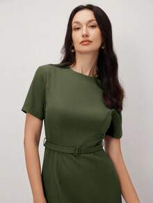 BizChic 女士短袖中长连衣裙，都市通勤商务优雅夏季款 - 軍綠色 - 查看 4