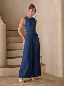 Selenza Bộ jumpsuit denim nữ kiểu dáng thường ngày, hở lưng, buộc dây, thích hợp cho kỳ nghỉ và mặc hàng ngày. - Màu xanh lam - Xem 6