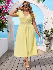 Vivid Eden 大码女式休闲日常优雅浪漫度假舒适柔软蕾丝拼接黄色连衣裙 - 黃色 - 查看 16