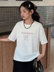 DAZY Tween Girls' Casual Bowknot & Letter Rhinestone Embellished Short Sleeve T-Shirt, Summer - White - View 6