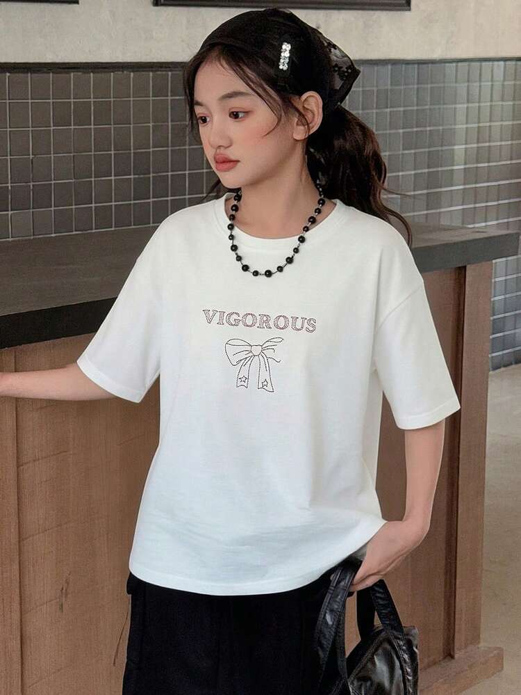 Tween Girls' Casual Bowknot & Letter Rhinestone Embellished Short Sleeve T-Shirt, Summer