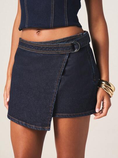 MISSGUIDED Women's Mini Denim Skirt With Wrap Belt Detail High Rise A-Line Short Skirt Blue Jean Skirt For Casual Summer Outfits