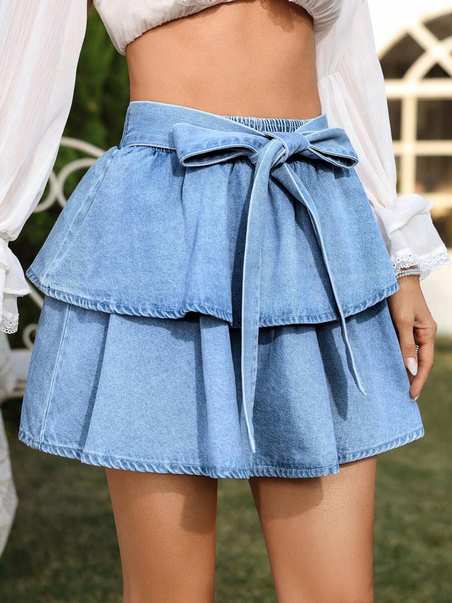 SHEIN Holidaya Women's Fashion Bowknot Elastic Waist A-Line Denim Mini Skirt - Light Wash - View 1