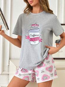 SHEIN 纯棉女士两件套咖啡卡通图案睡衣T恤+爱心图案睡裤舒适睡衣家居服套装 - 彩色 - 查看 4