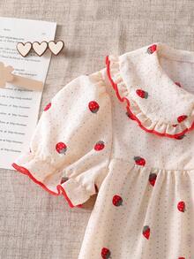 2件套 女童优雅草莓图案纹理翻领荷叶边短袖上衣和裤子睡衣套装 - 杏色 - 查看 3