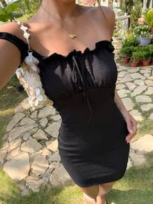 SHEIN VCAY Frill Trim Knot Front Cami Bodycon Dress - Black - View 6