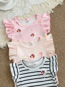 SHEIN 3件套彩色爱心条纹荷叶边圆领T恤，柔软舒适，休闲可爱，春夏新品 - 彩色 - 查看 5