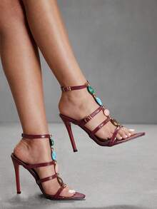CUCCOO SZL Women's Fashionable Elegant Faux Pearl Decorated High Heel Sandals Prom Heels - Burgundy - View 2